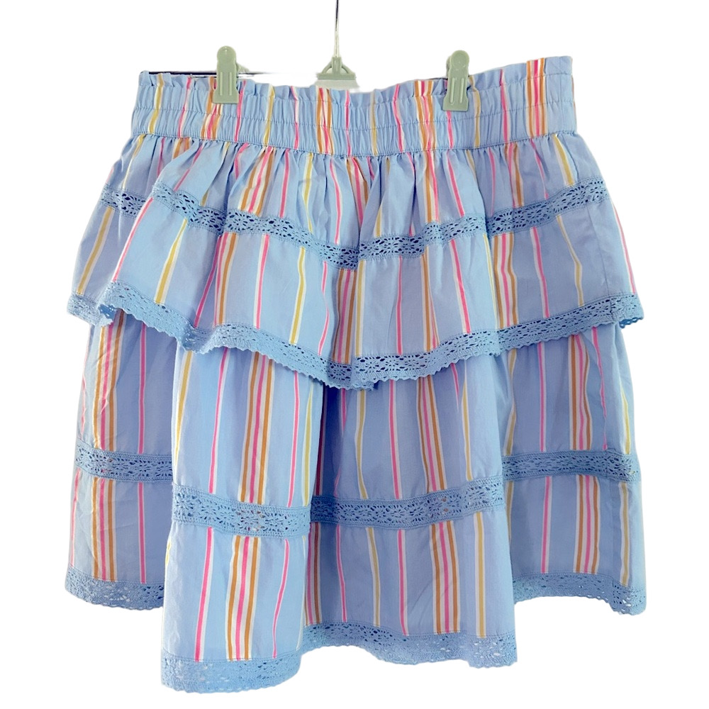 CROWN & IVY Striped Blue Skirt Crochet Lace Trim Tiered Preppy Mini - Sz L - NWT